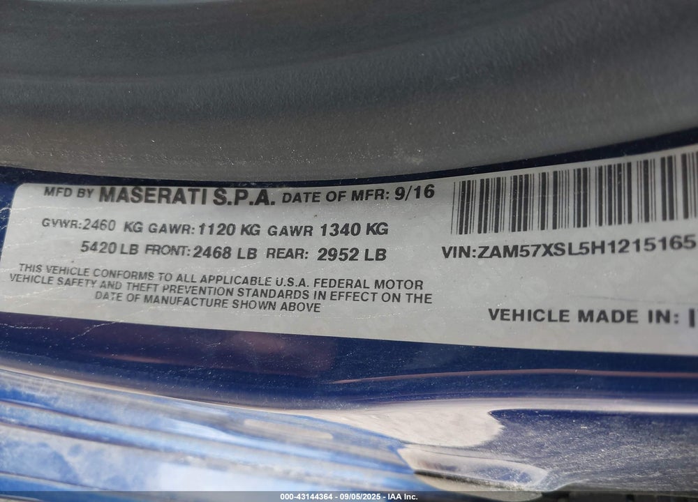 2017 MASERATI GHIBLI VIN: ZAM57XSL5H1215165
