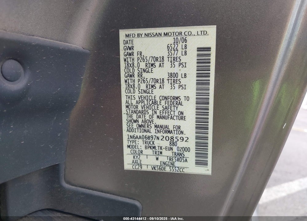 2007 NISSAN TITAN SE VIN: 1N6AA06B97N208592