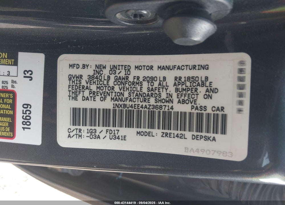 2010 TOYOTA COROLLA VIN: 1NXBU4EE4AZ368714