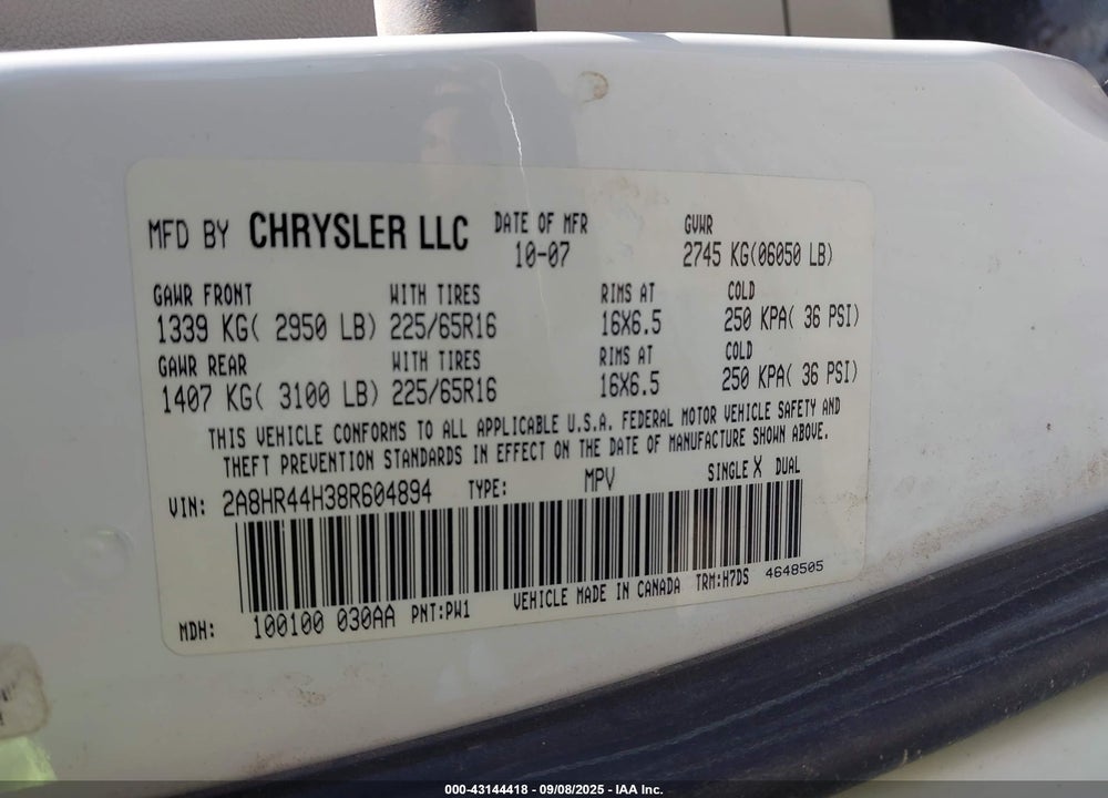 2008 CHRYSLER TOWN & COUNTRY LX VIN: 2A8HR44H38R604894