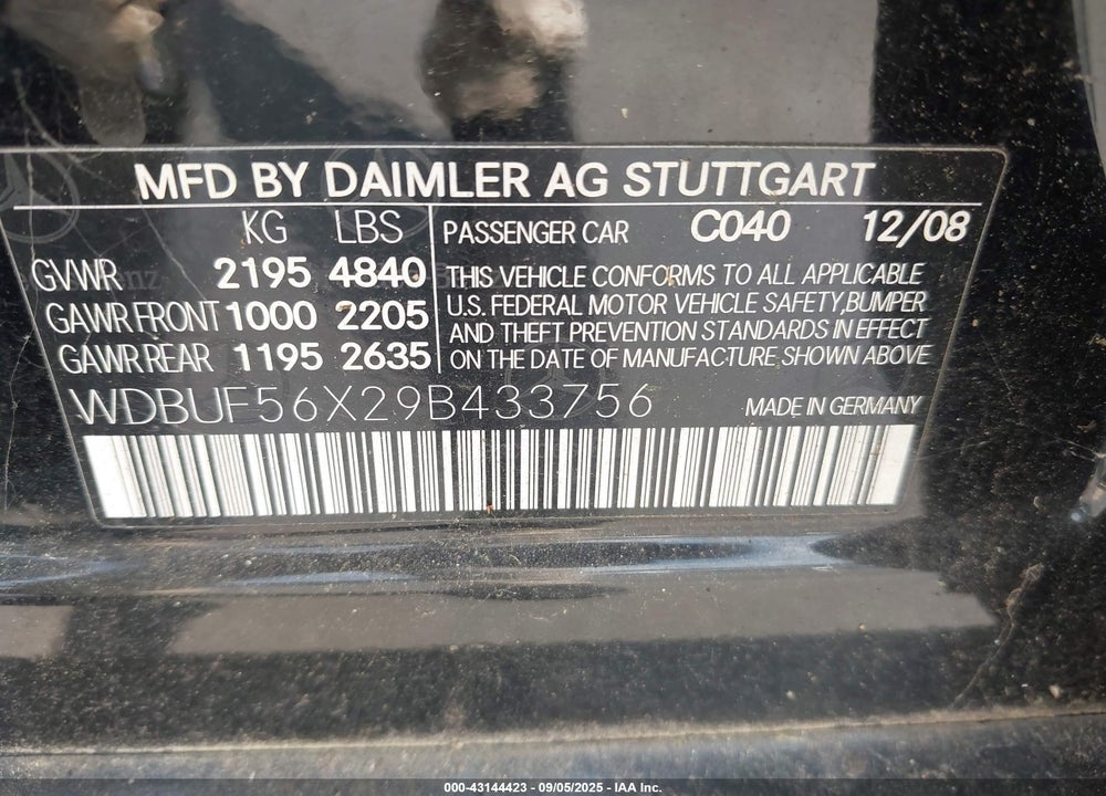 2009 MERCEDES-BENZ E-CLASS VIN: WDBUF56X29B433756