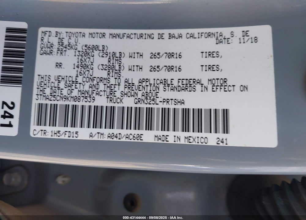 2019 TOYOTA TACOMA VIN: 3TMAZ5CN9KM087539