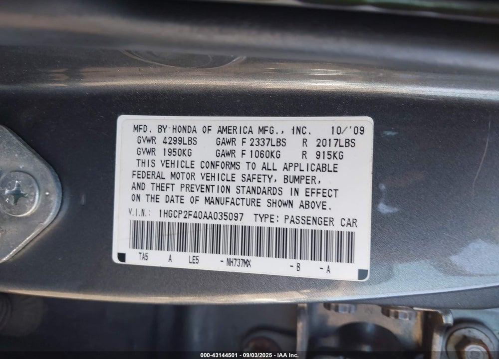 2010 HONDA ACCORD VIN: 1HGCP2F40AA035097