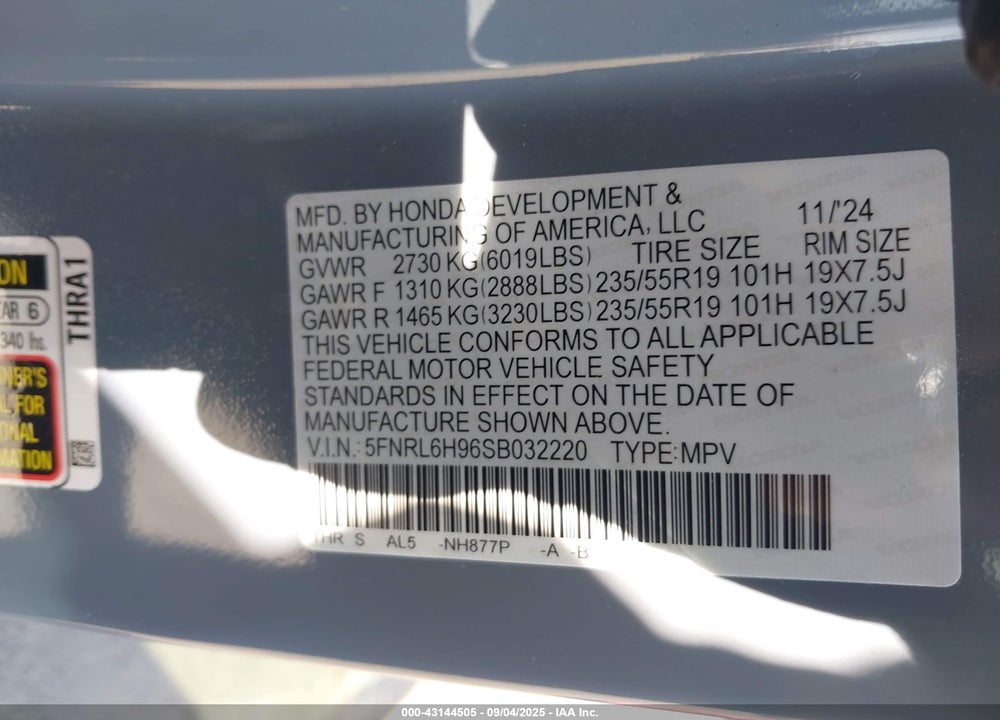 2025 HONDA ODYSSEY ELITE VIN: 5FNRL6H96SB032220