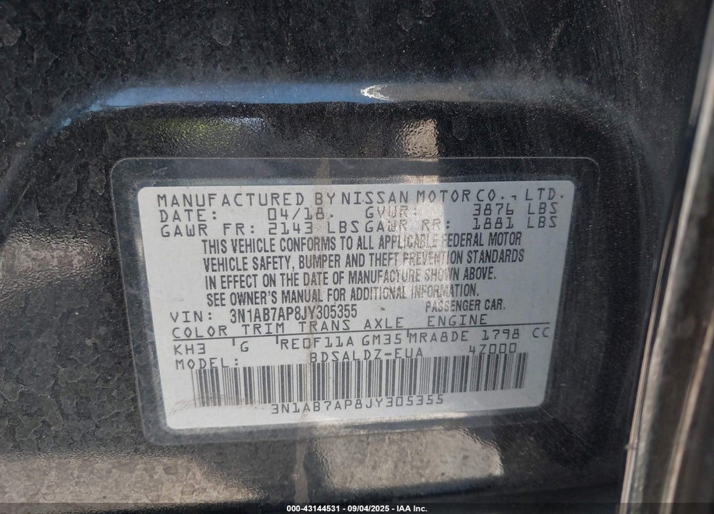 2018 NISSAN SENTRA VIN: 3N1AB7AP8JY305355