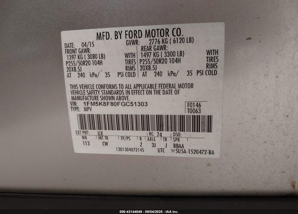 2015 FORD EXPLORER VIN: 1FM5K8F80FGC51303