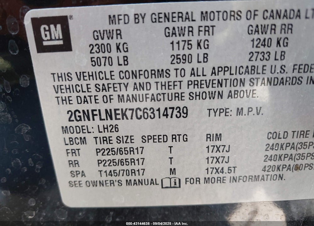 2012 CHEVROLET EQUINOX VIN: 2GNFLNEK7C6314739