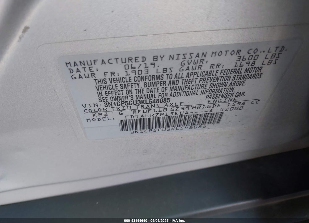 2019 NISSAN KICKS S VIN: 3N1CP5CU3KL548085