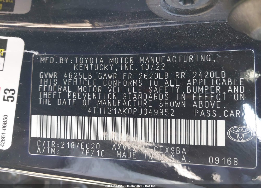 2023 TOYOTA CAMRY VIN: 4T1T31AK0PU049952