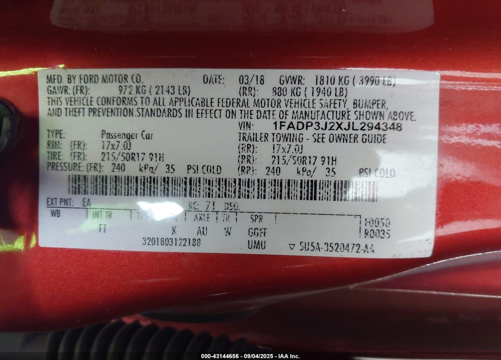 2018 FORD FOCUS VIN: 1FADP3J2XJL294348