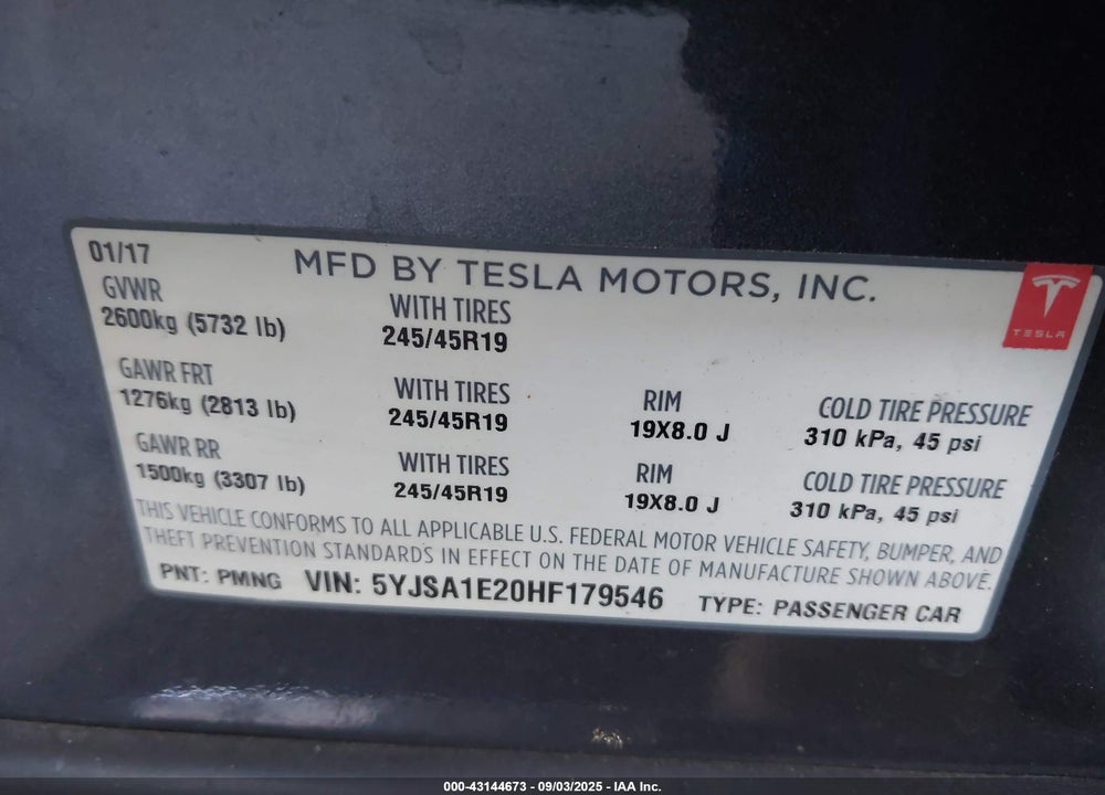 2017 TESLA MODEL S VIN: 5YJSA1E20HF179546