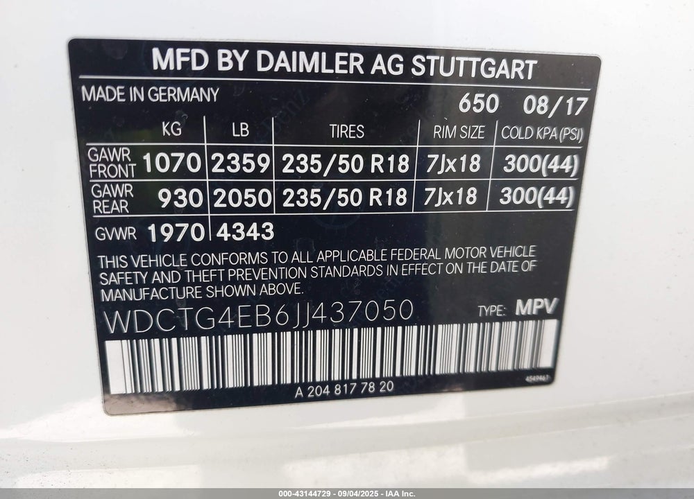 2018 MERCEDES-BENZ GLA-CLASS VIN: WDCTG4EB6JJ437050