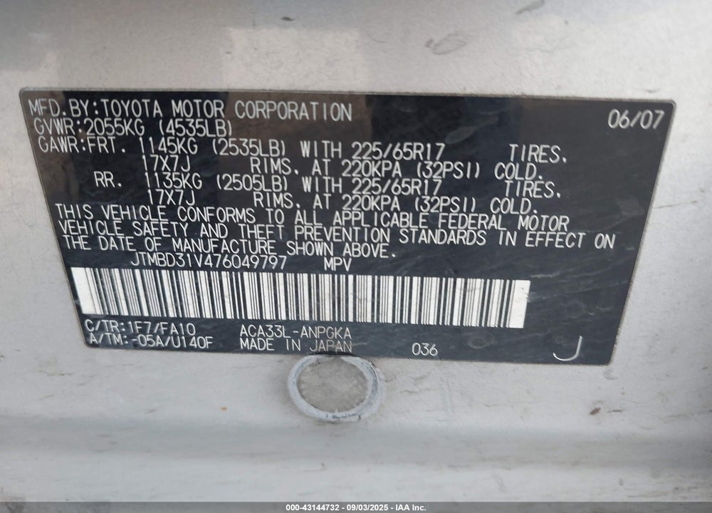2007 TOYOTA RAV4 VIN: JTMBD31V476049797