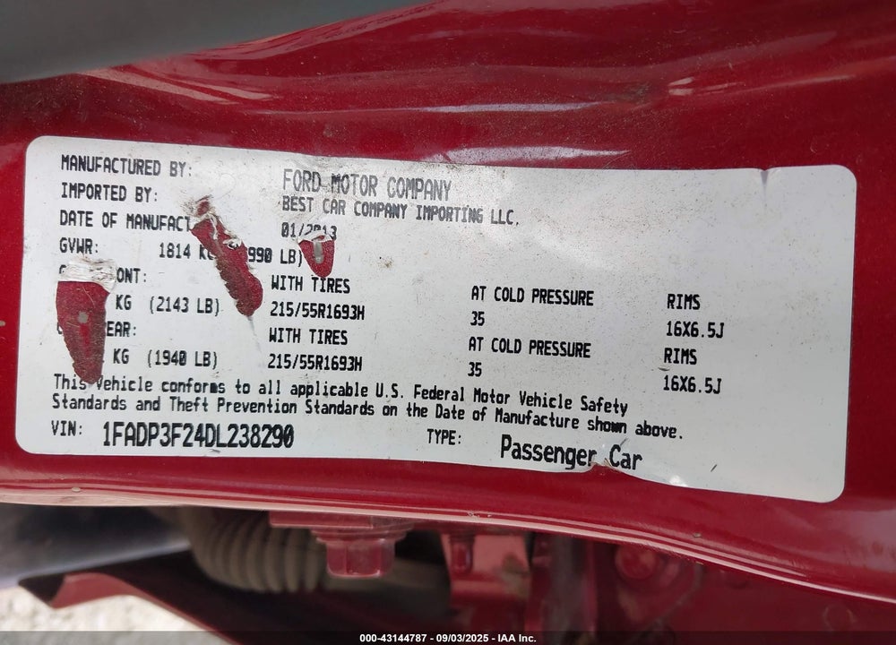 2013 FORD FOCUS VIN: 1FADP3F24DL238290