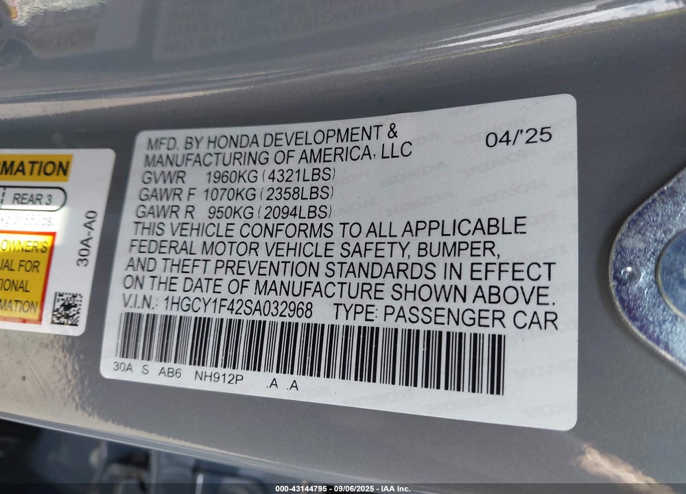 2025 HONDA ACCORD SE VIN: 1HGCY1F42SA032968