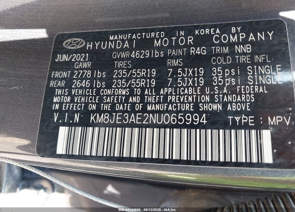 2022 HYUNDAI TUCSON VIN: KM8JE3AE2NU065994