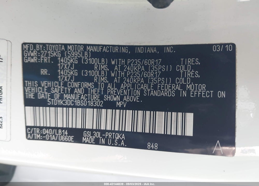 2011 TOYOTA SIENNA LIMITED V6/XLE V6/XLE V6 AUTO ACCESS SEAT VIN: 5TDYK3DC1BS018302