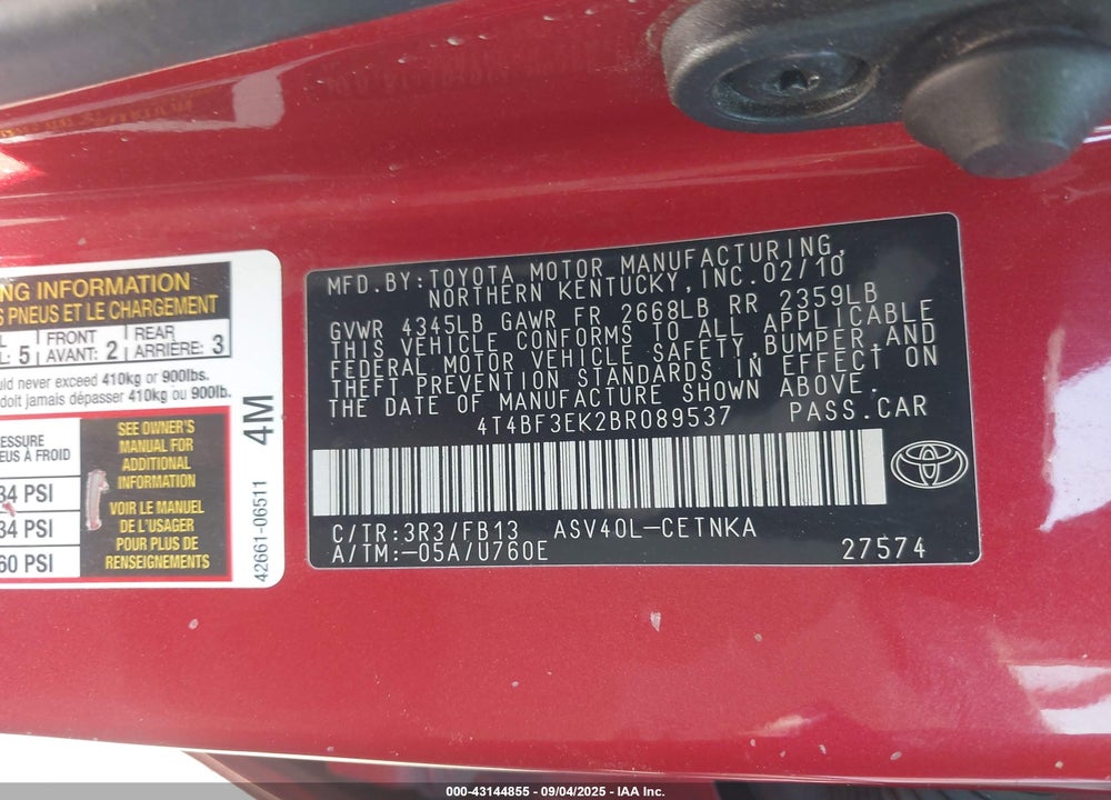 2011 TOYOTA CAMRY VIN: 4T4BF3EK2BR089537