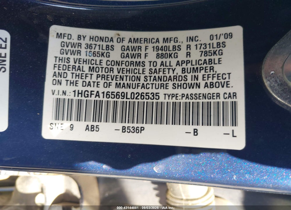 2009 HONDA CIVIC VIN: 1HGFA16569L026535