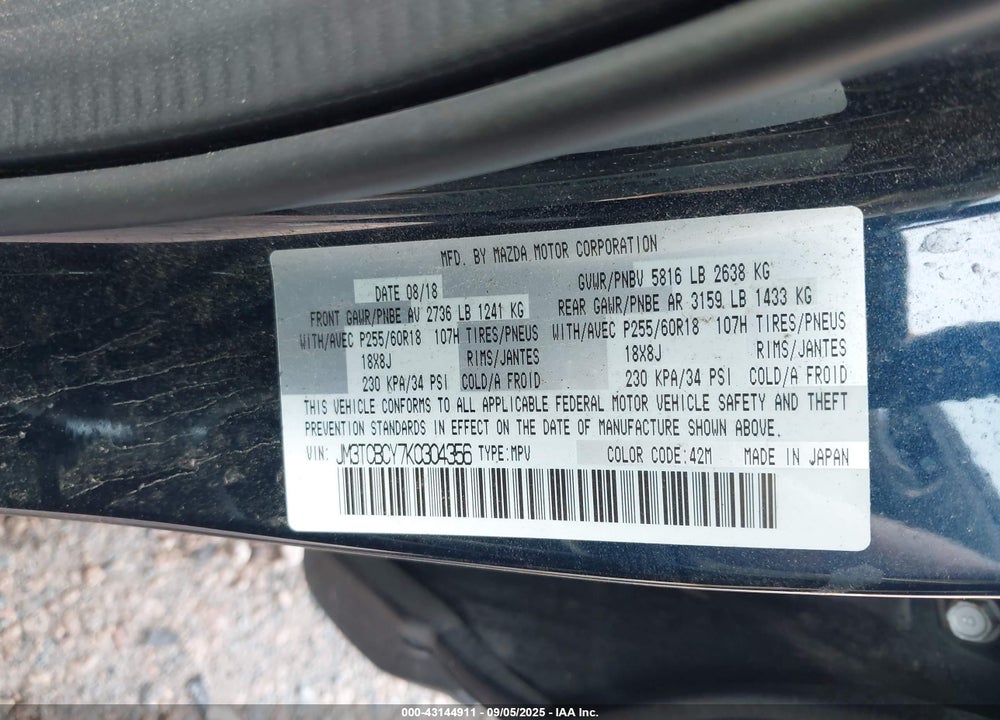 2019 MAZDA CX-9 TOURING VIN: JM3TCBCY7K0304356