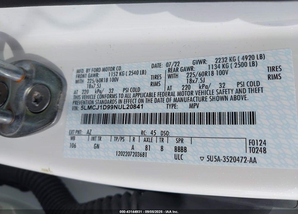 2022 LINCOLN CORSAIR STANDARD VIN: 5LMCJ1D99NUL20841
