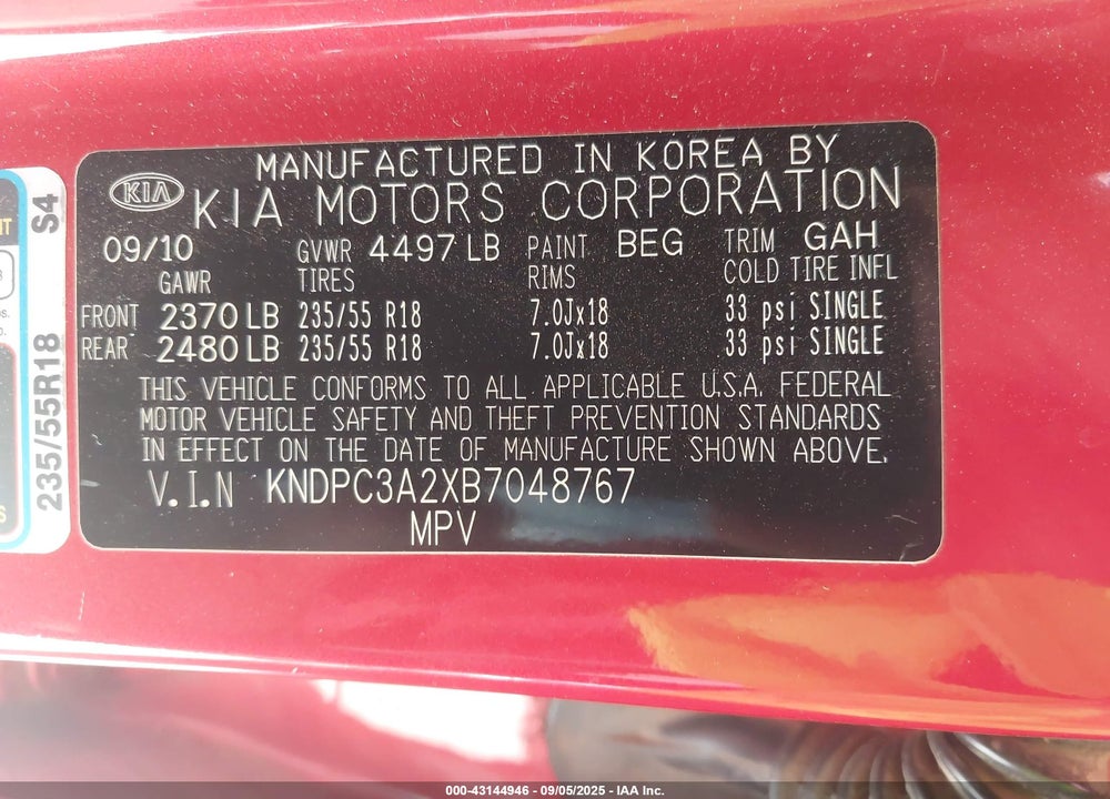2011 KIA SPORTAGE VIN: KNDPC3A2XB7048767