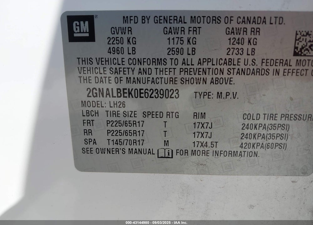 2014 CHEVROLET EQUINOX VIN: 2GNALBEK0E6239023