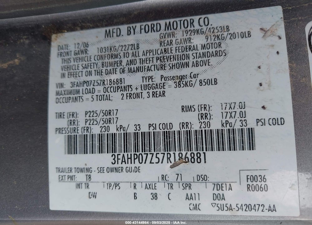 2007 FORD FUSION SE VIN: 3FAHP07Z57R186881