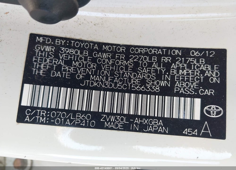 2012 TOYOTA PRIUS FOUR VIN: JTDKN3DU5C1566338