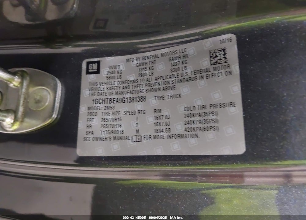 2016 CHEVROLET COLORADO VIN: 1GCHTBEA9G1381388