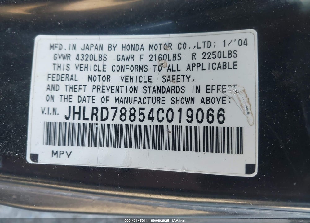2004 HONDA CR-V EX VIN: JHLRD78854C019066