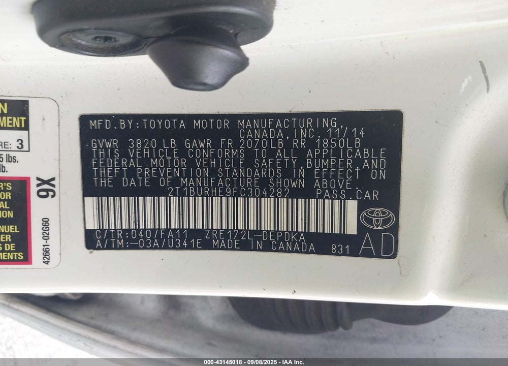2015 TOYOTA COROLLA VIN: 2T1BURHE9FC304282