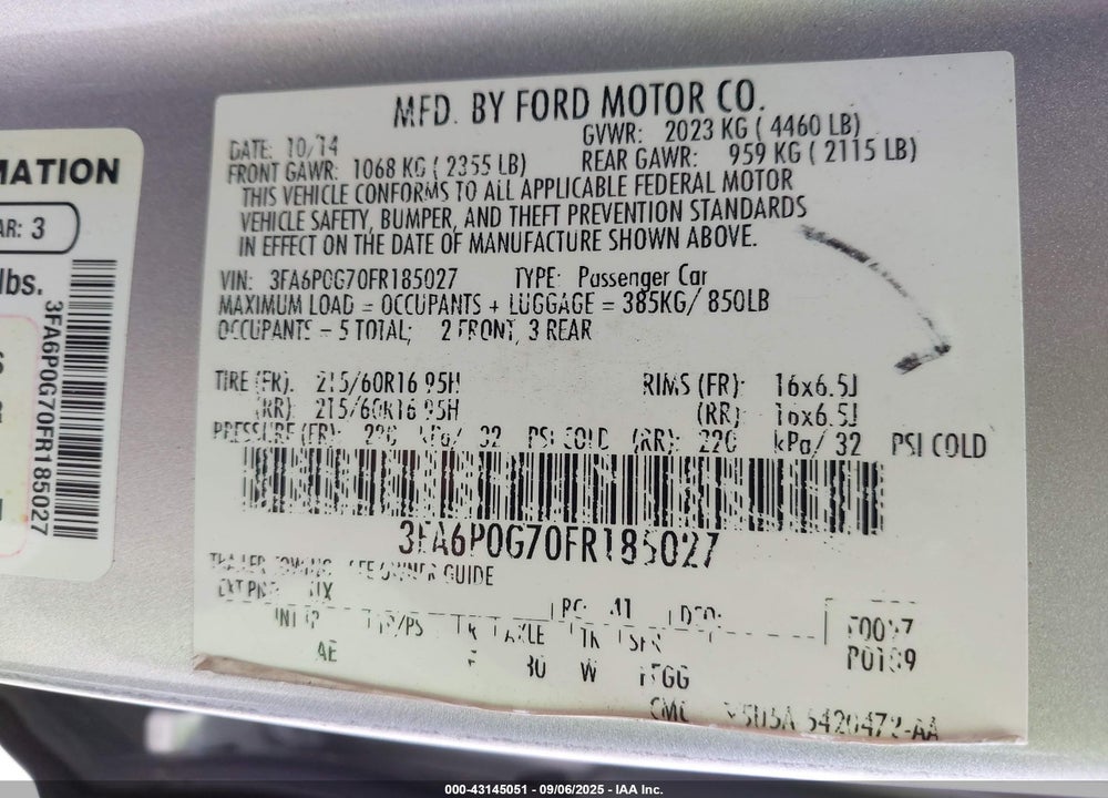 2015 FORD FUSION S VIN: 3FA6P0G70FR185027
