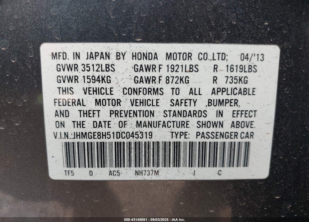2013 HONDA FIT VIN: JHMGE8H51DC045319