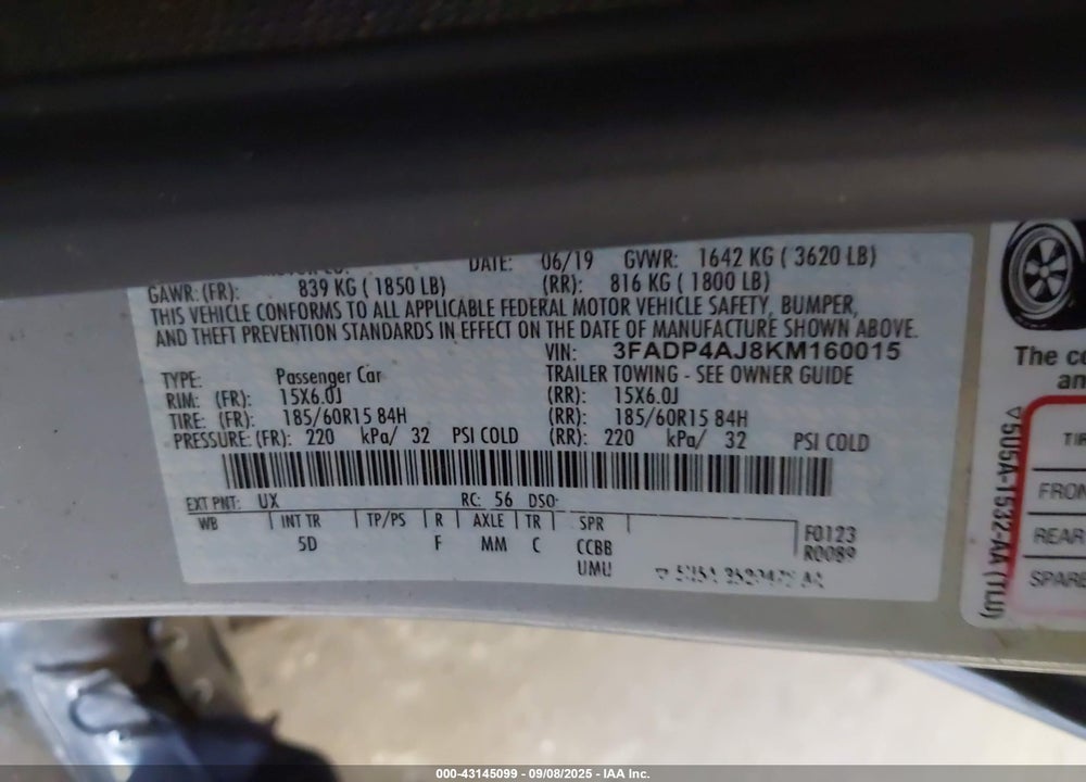 2019 FORD FIESTA VIN: 3FADP4AJ8KM160015