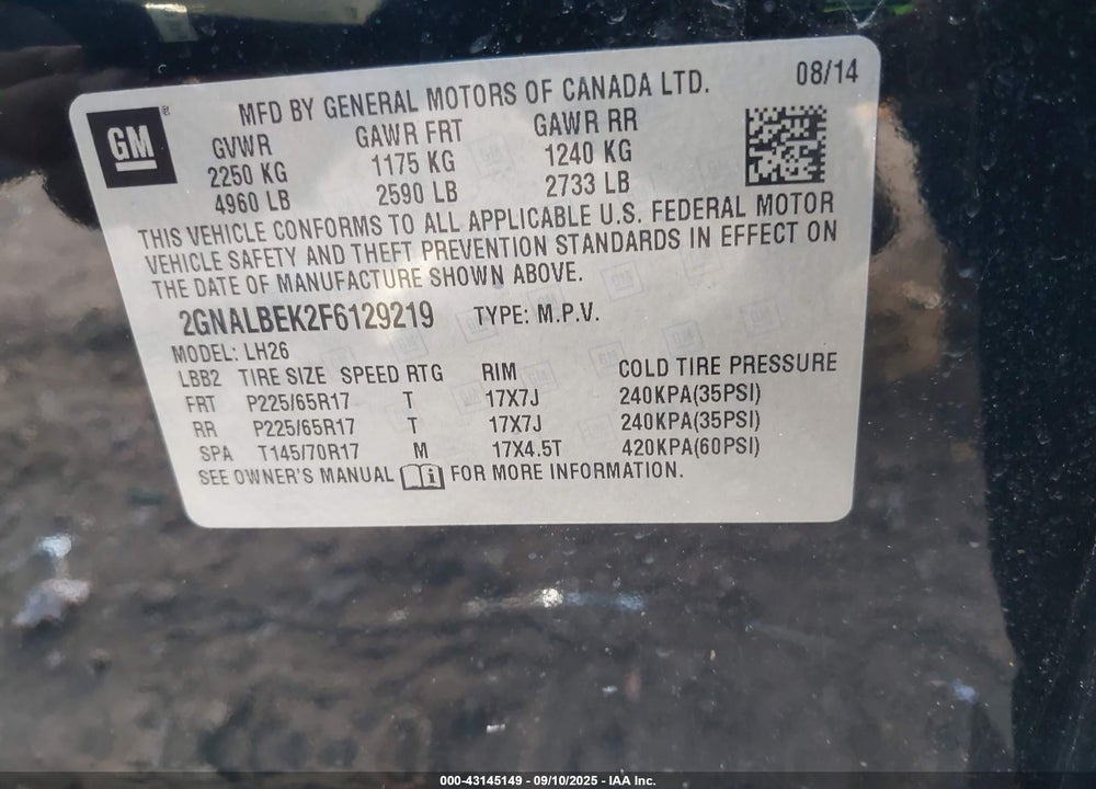 2015 CHEVROLET EQUINOX VIN: 2GNALBEK2F6129219