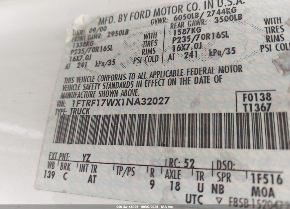 2001 FORD F-150 XL/XLT VIN: 1FTRF17WX1NA32027