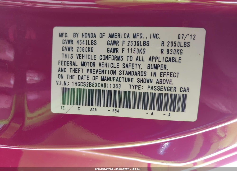 2012 HONDA ACCORD VIN: 1HGCS2B8XCA011383