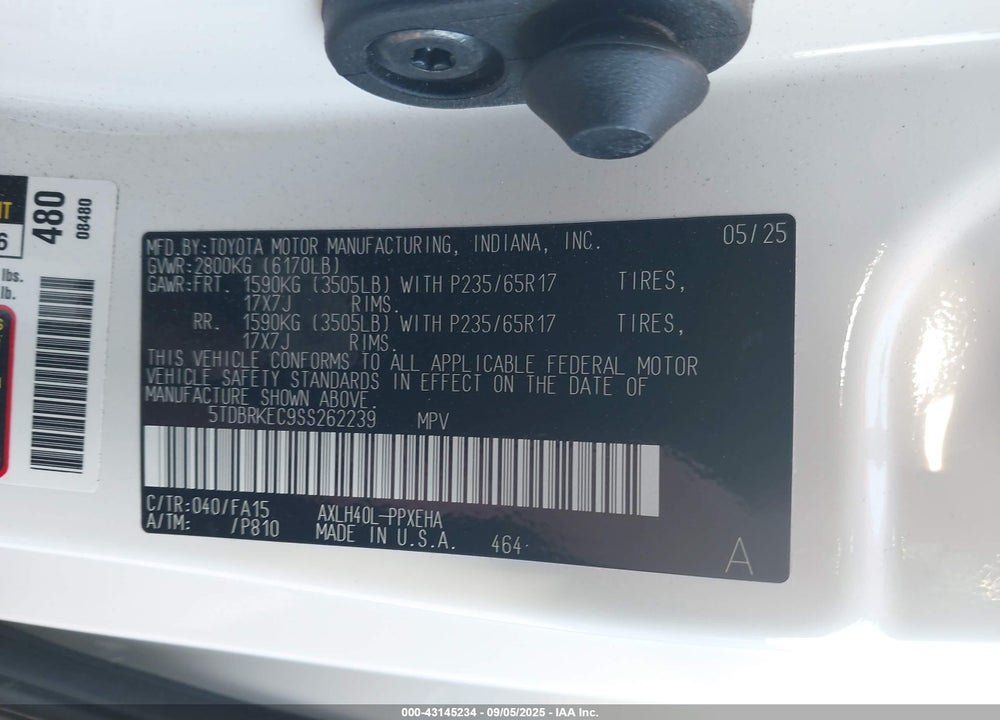 2025 TOYOTA SIENNA VIN: 5TDBRKEC9SS262239