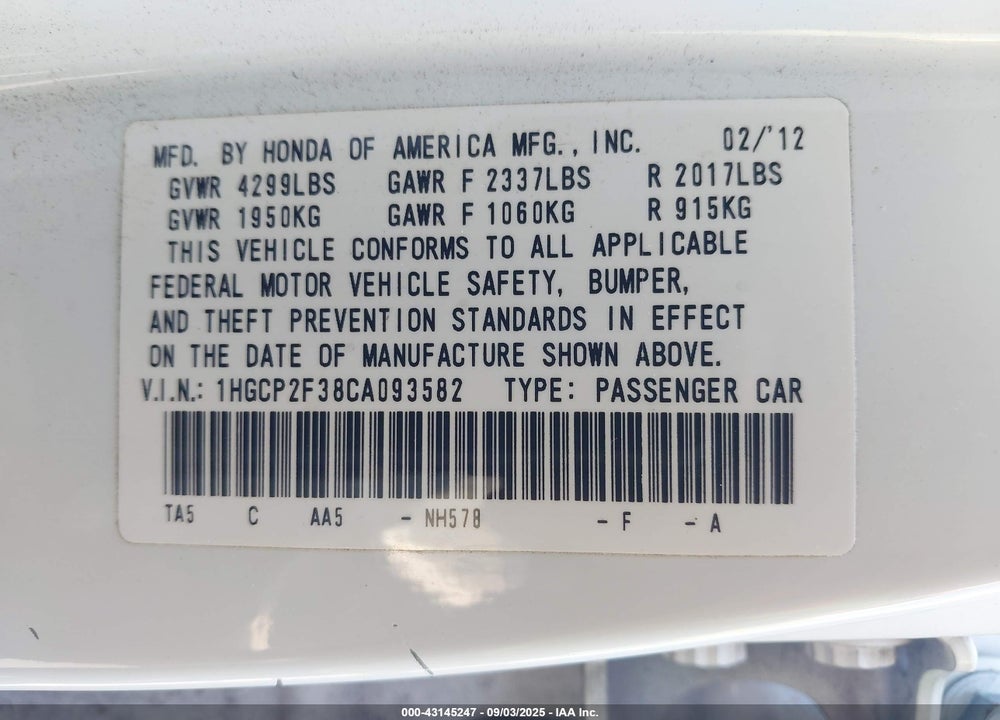 2012 HONDA ACCORD VIN: 1HGCP2F38CA093582