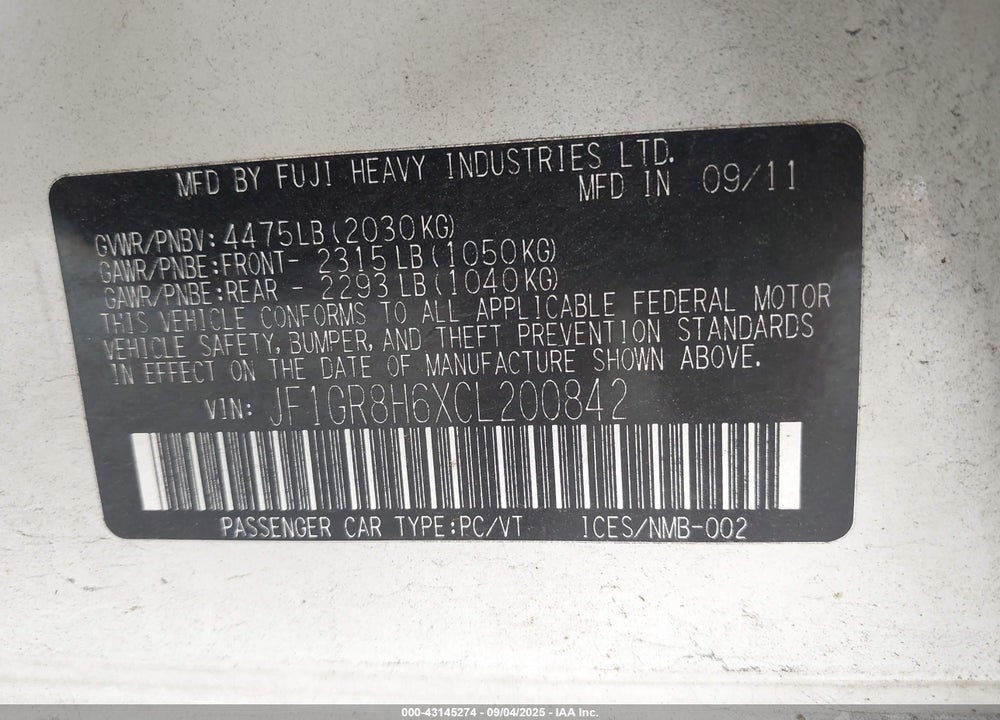 2012 SUBARU IMPREZA VIN: JF1GR8H6XCL200842