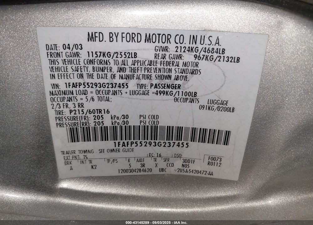 2003 FORD TAURUS SES VIN: 1FAFP55293G237455