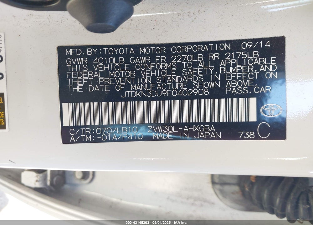 2015 TOYOTA PRIUS VIN: JTDKN3DU9F0402908