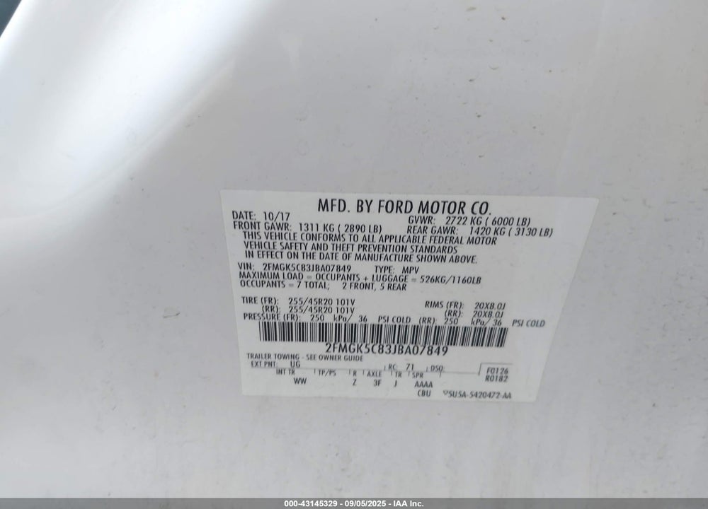 2018 FORD FLEX VIN: 2FMGK5C83JBA07849