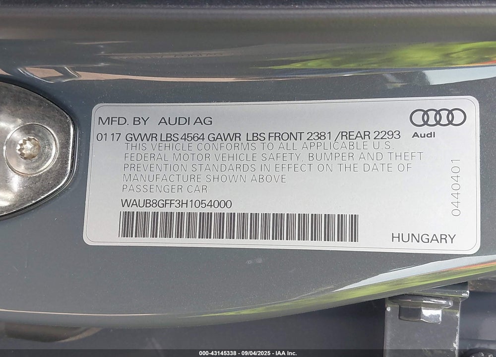 2017 AUDI A3 VIN: WAUB8GFF3H1054000