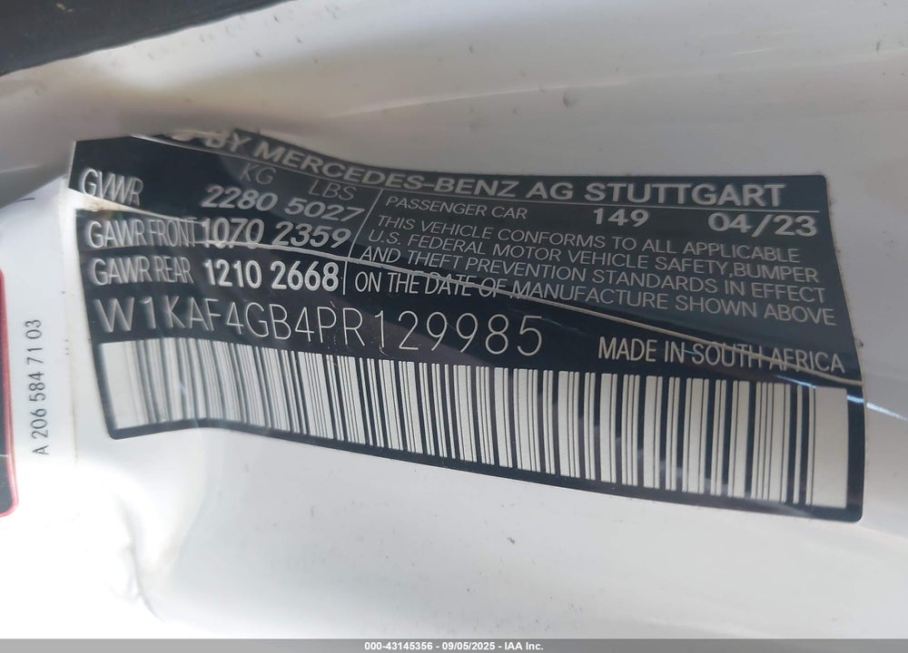 2023 MERCEDES-BENZ C CLASS VIN: W1KAF4GB4PR129985
