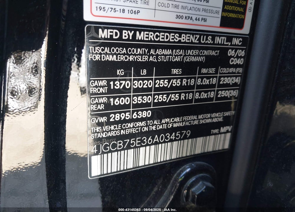 2006 MERCEDES-BENZ R 500 4MATIC VIN: 4JGCB75E36A034579
