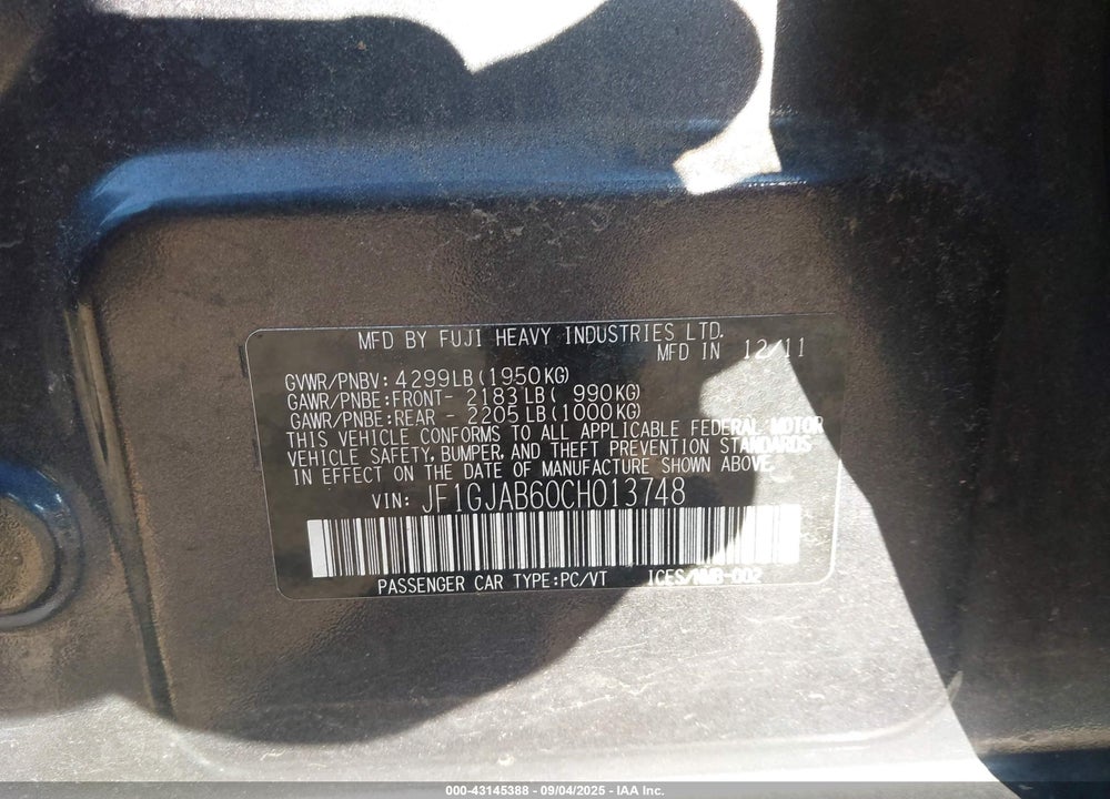 2012 SUBARU IMPREZA VIN: JF1GJAB60CH013748