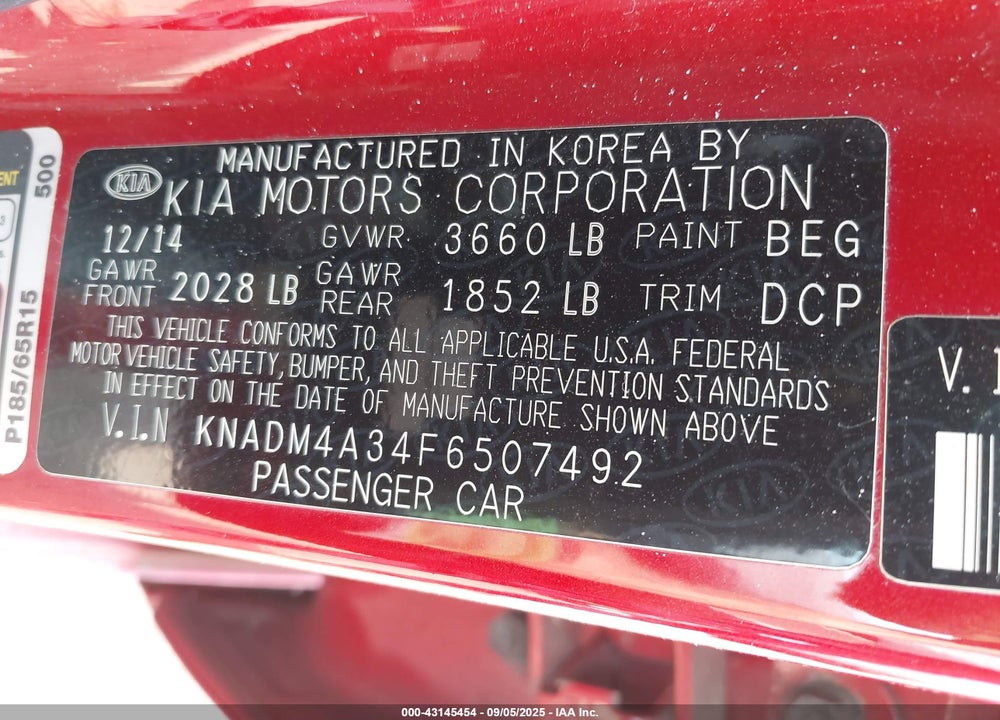 2015 KIA RIO VIN: KNADM4A34F6507492