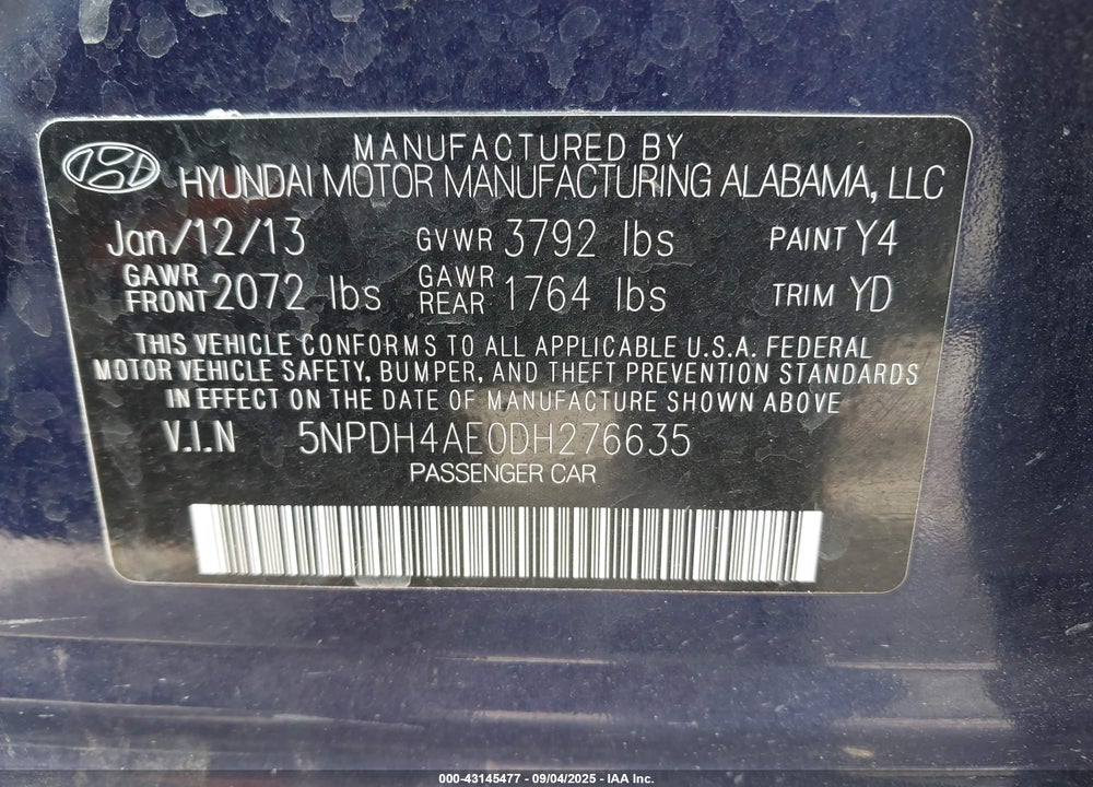 2013 HYUNDAI ELANTRA VIN: 5NPDH4AE0DH276635